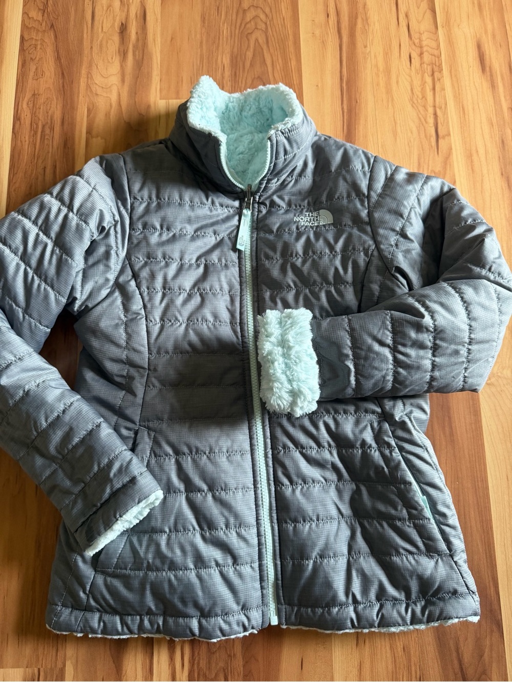 The North Face Gray Puffer Jacket with Light Blue Sherpa Trim